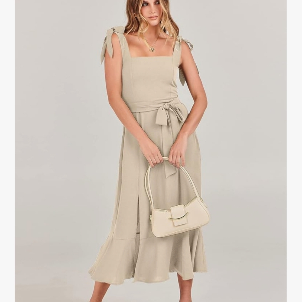 Chic Beige Midi Dress with Tie Waist - Picture 4 of 14